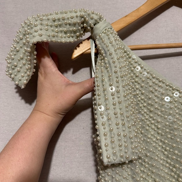 NWT Mac Duggal Pearl Embellished Soft Tie One Shoulder Gown - size 2 - Picture 7 of 9